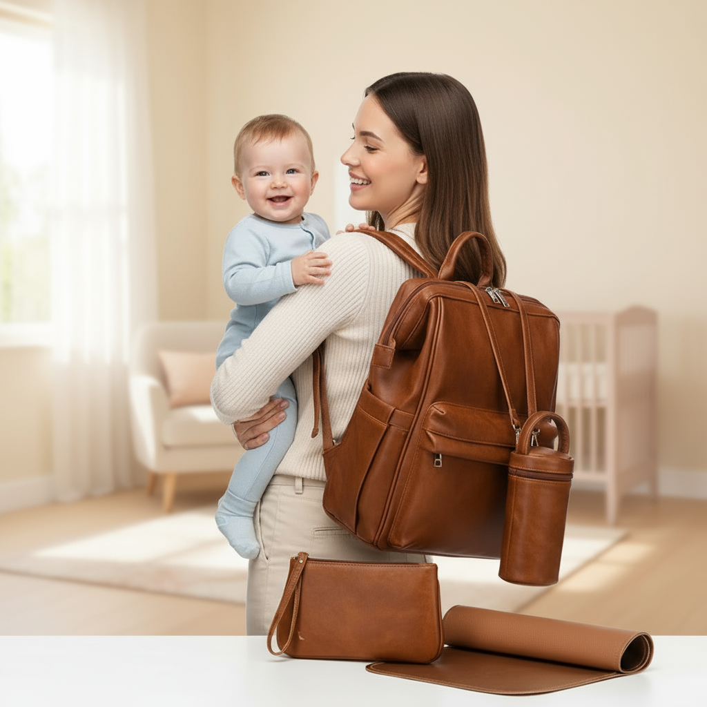 brown leather baby backpack Vegan Leather Large Capacity Diaper Bag Backpack