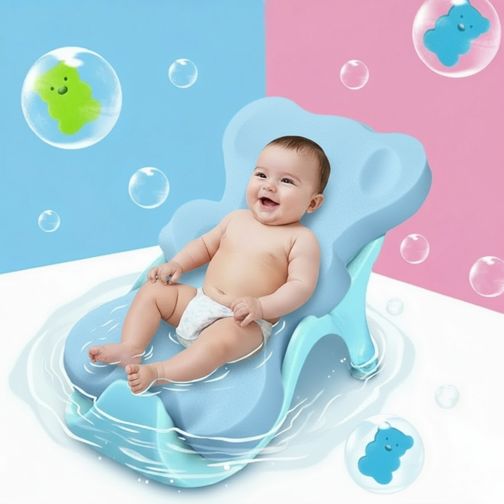Baby sitting on a blue inflatable bathtub seat with a colorful background