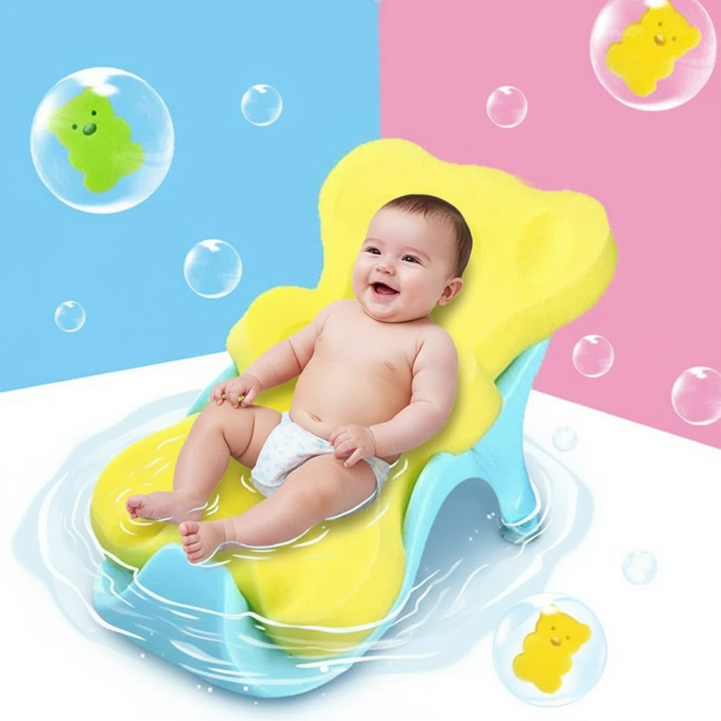 Baby sitting in a yellow inflatable bathtub seat with a colorful background