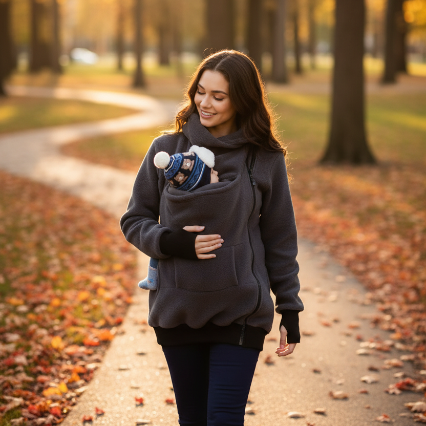 A woman walking on a leaf-strewn autumn path wearing a dark gray baby carrier hoodie with a baby tucked inside, photographed outdoors in a park.