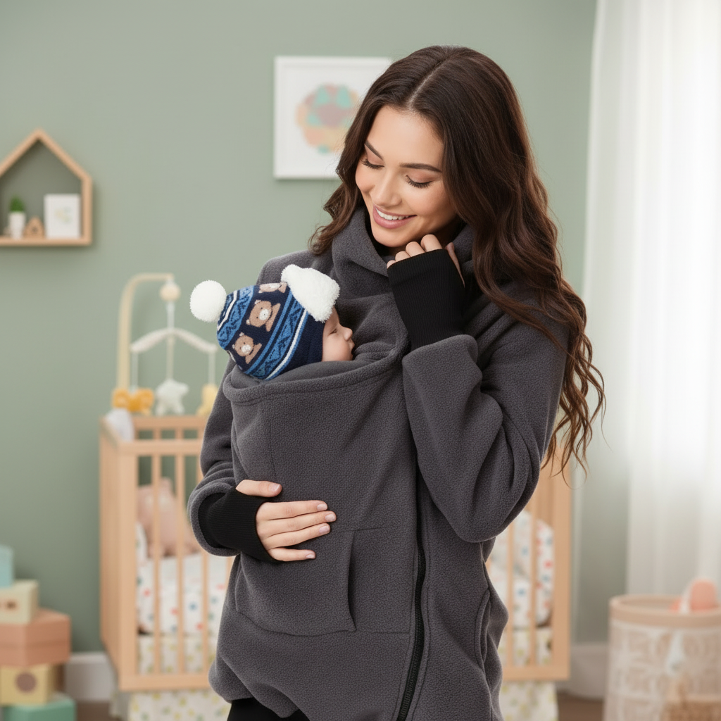 A woman in a gray baby carrier jacket holding a baby in a nursery setting.