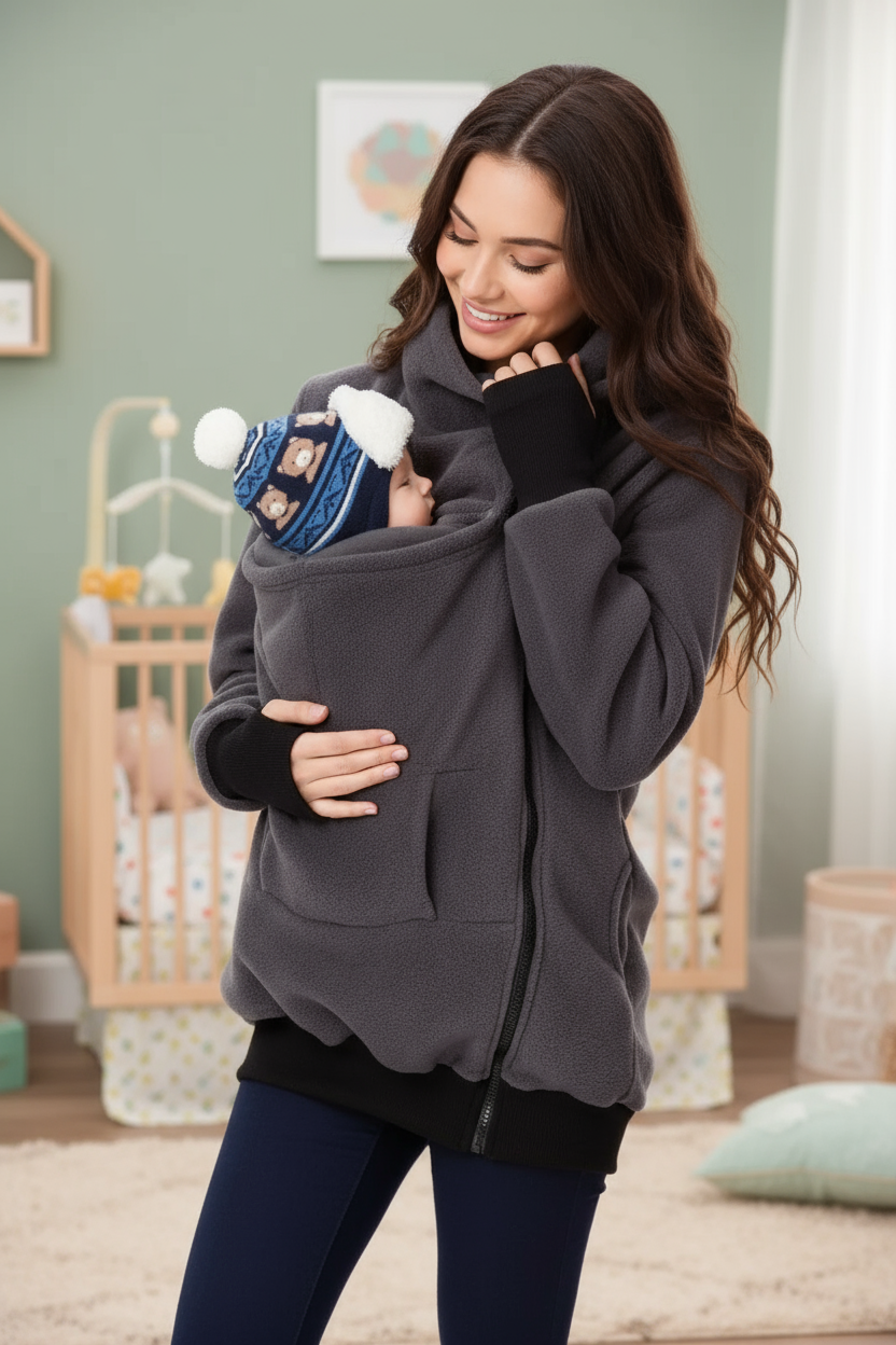 Woman holding a baby in a sling in a nursery setting