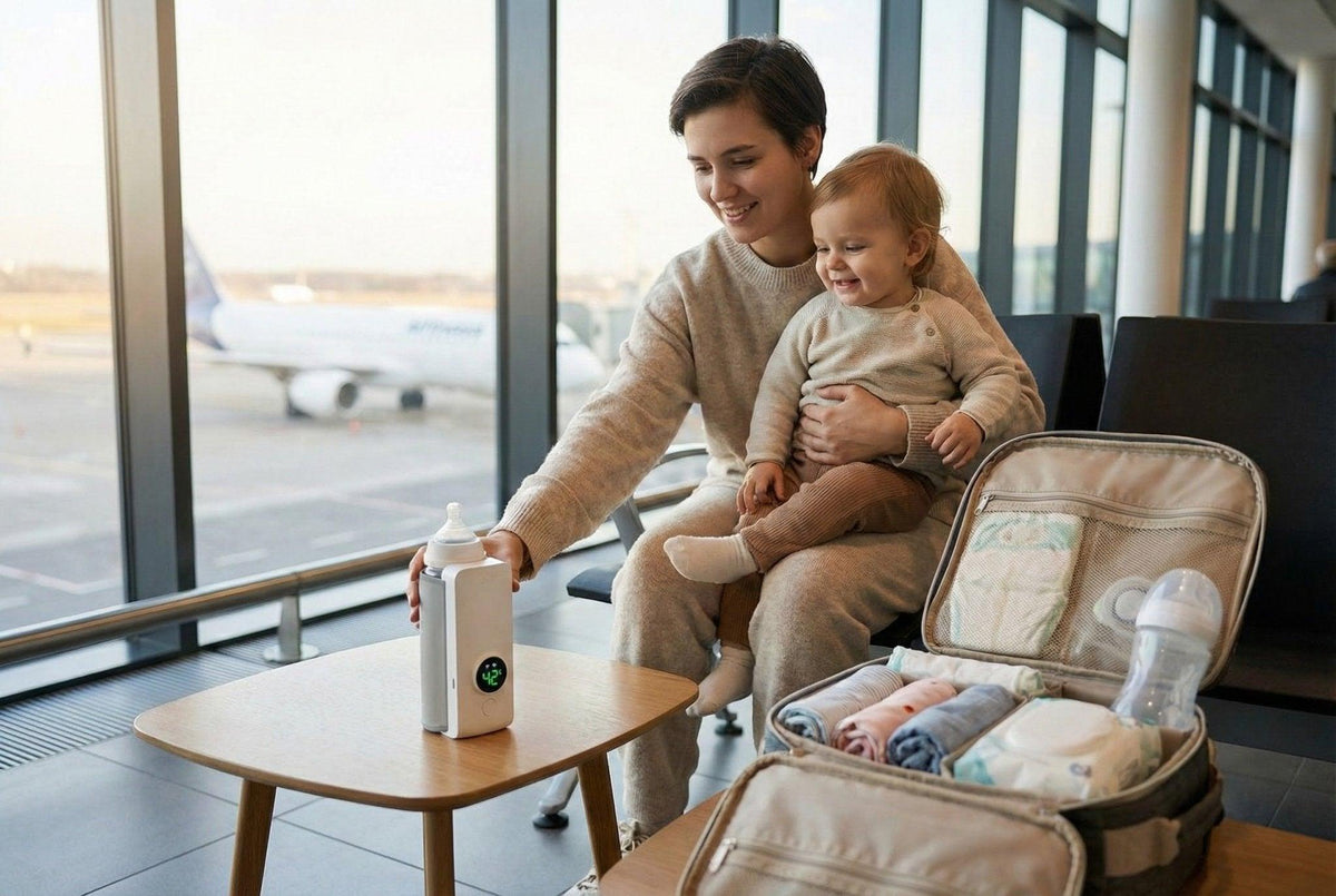 Woman holding a baby and sitting next to an open suitcase with baby items at an airport.