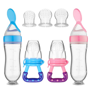 Silicone Baby Feeding Set - Puree Feeding Bottle and Pacifier Spoon.