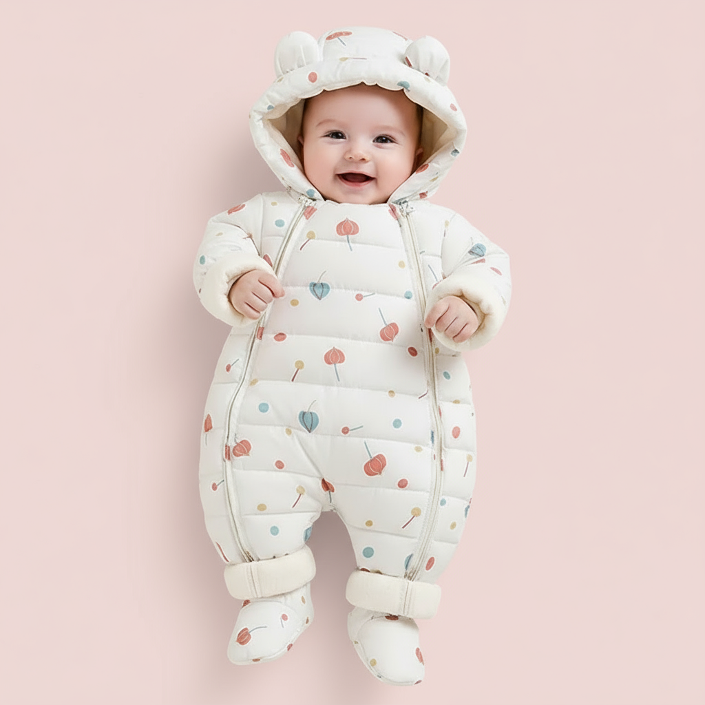 Baby wearing a white snowsuit with colorful patterns on a beige background