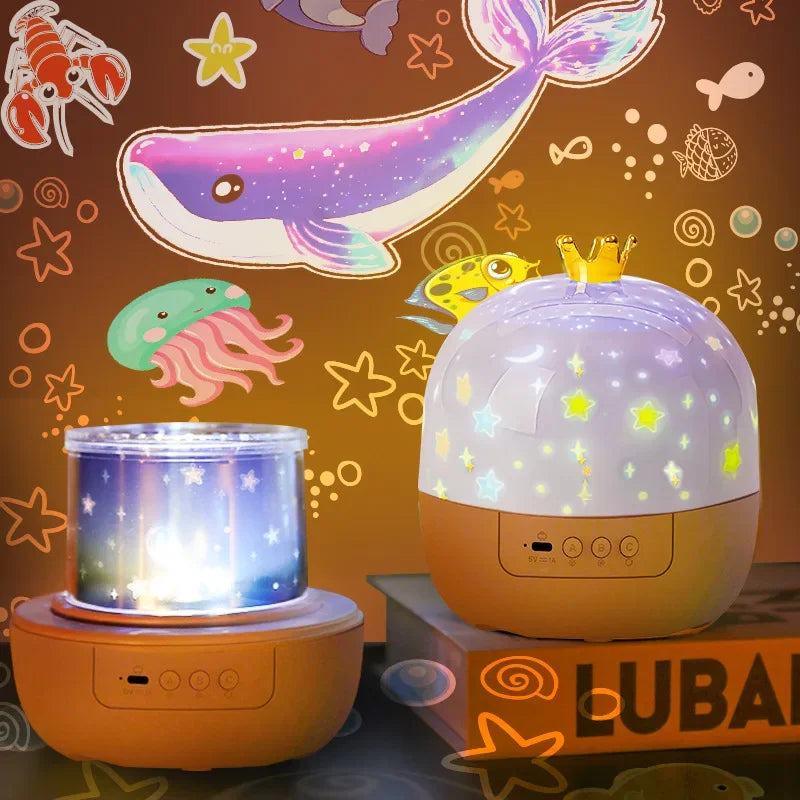 Two children's night lights with colorful projections on a decorative background featuring sea creatures.