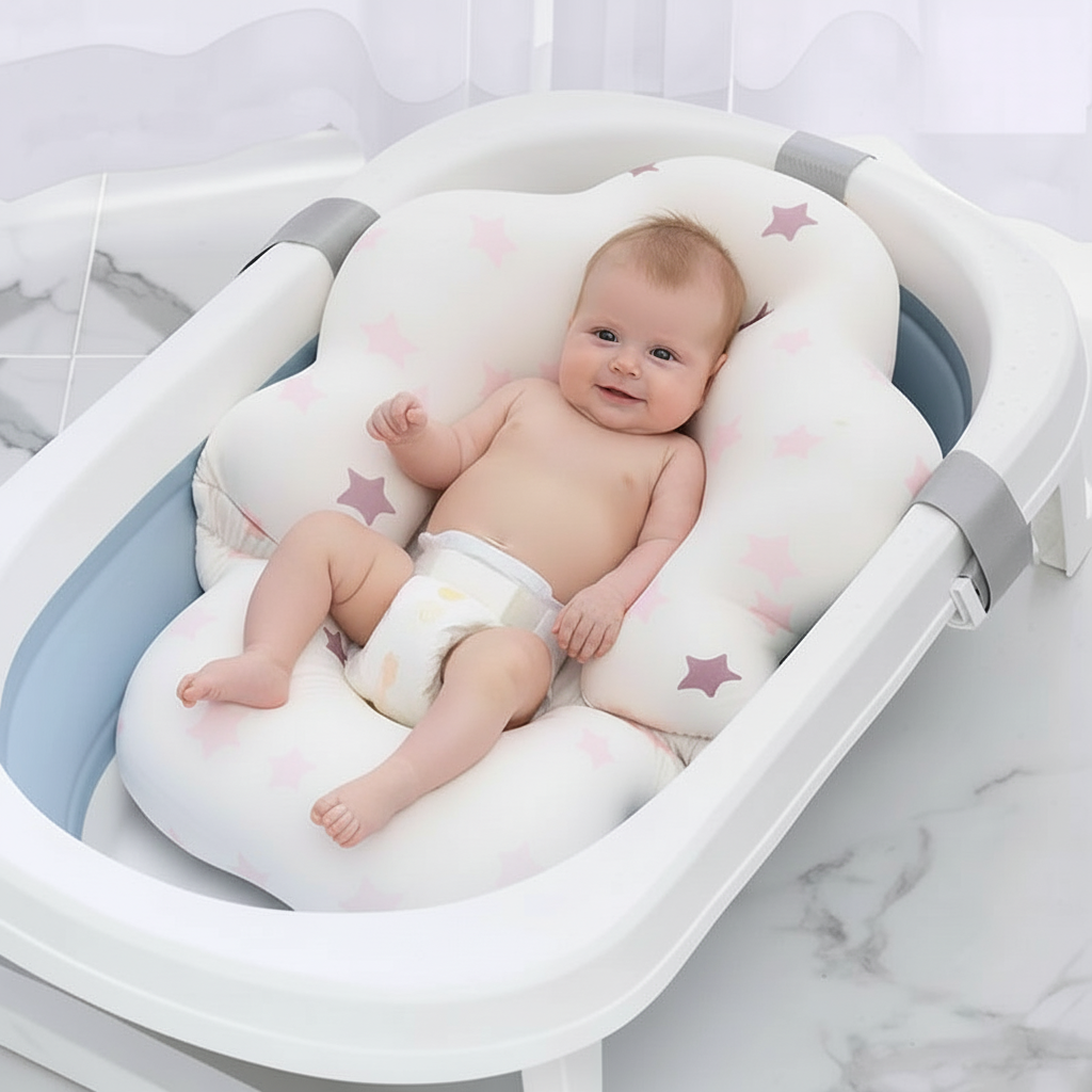 Baby lying on a soft, star-patterned cushion in a white crib with gray accents.