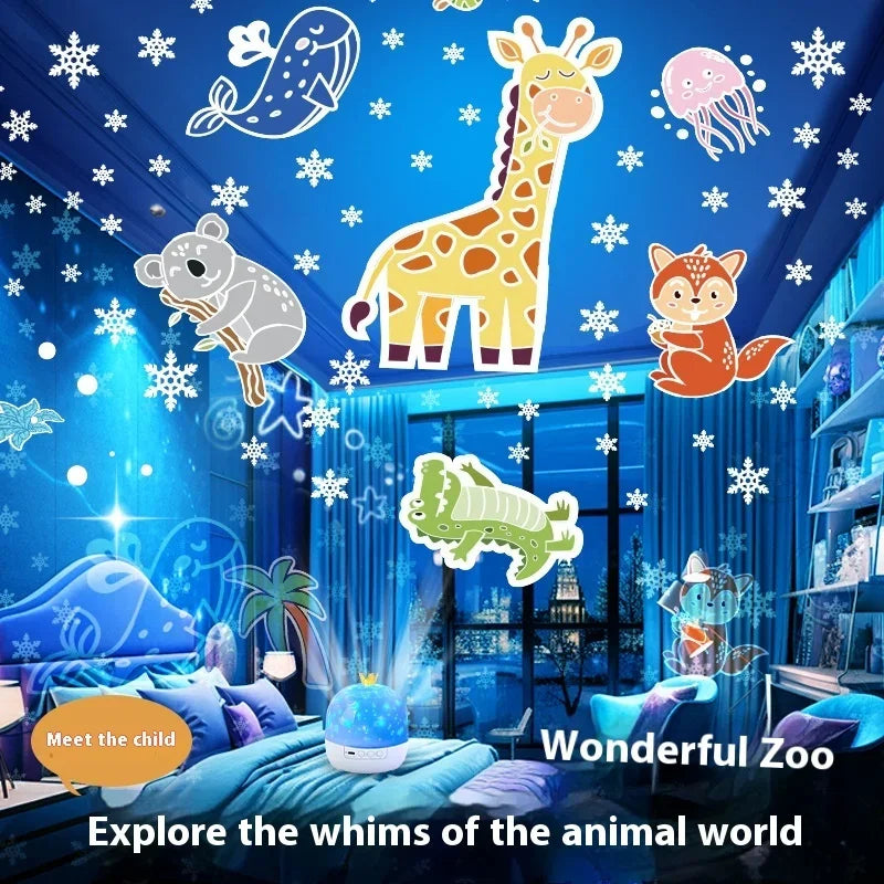 Children's room with animal-themed wall decals and decorations.