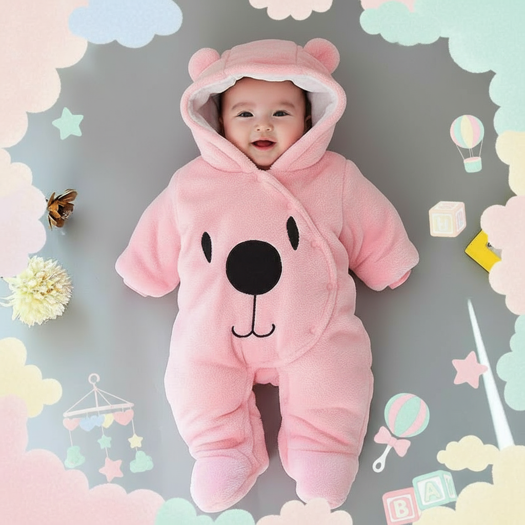 Baby in a pink bear-themed onesie on a gray surface with a wooden shelf in the background.