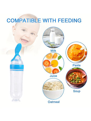 Silicone Baby Feeding Set - Puree Feeding Bottle and Pacifier Spoon.