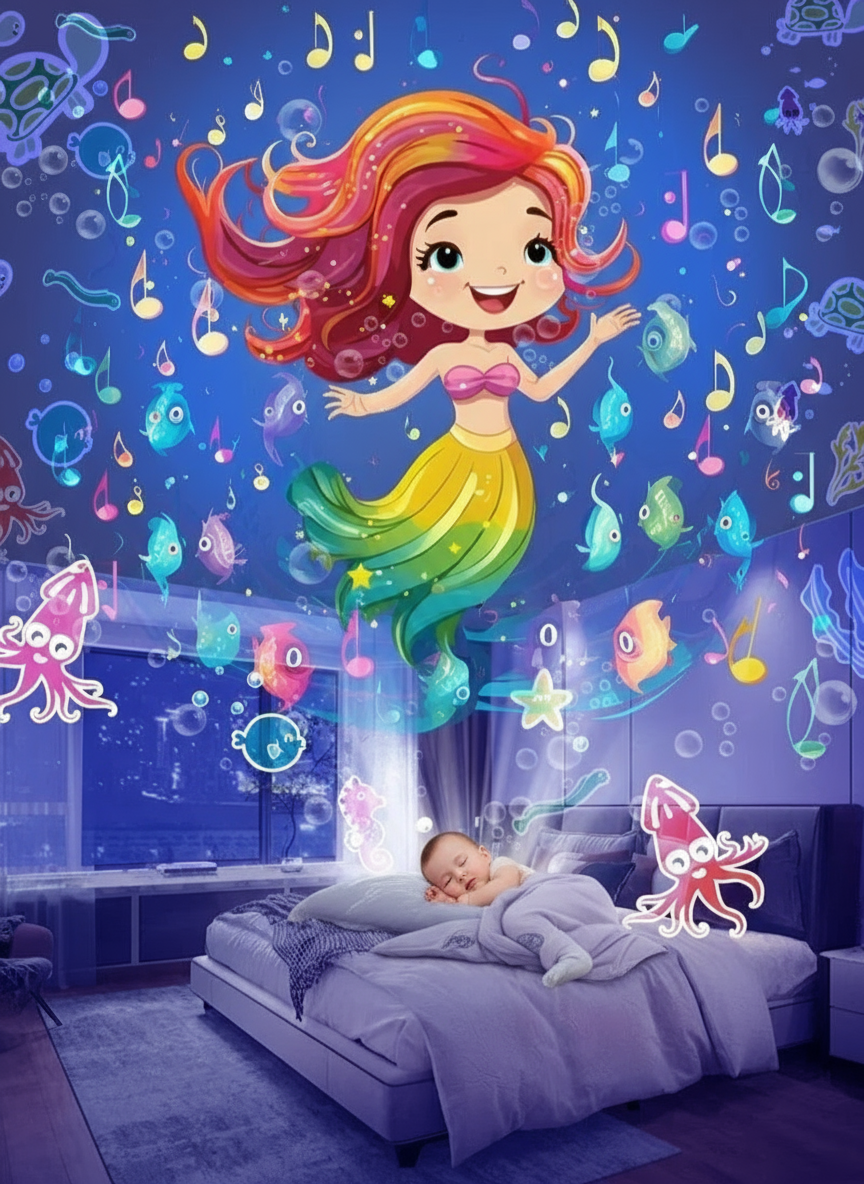 Colorful mermaid wall mural in a child's bedroom with a baby sleeping on a bed.