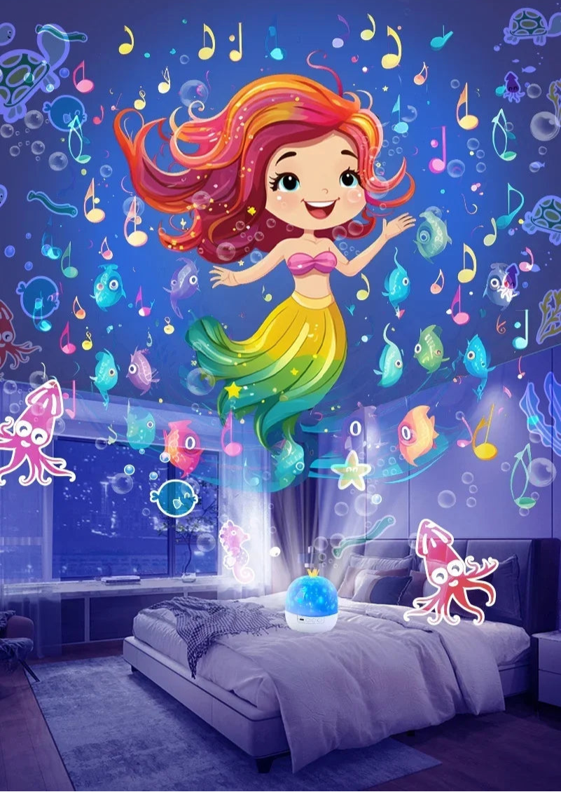Cartoon mermaid in a room with musical notes and colorful bubbles