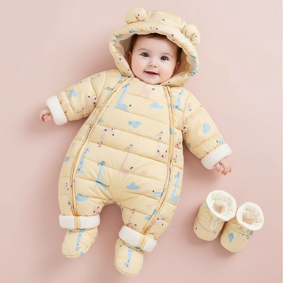 Baby in a yellow snowsuit with cloud pattern on a pink background