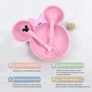 Minnie Mouse 3-Piece Baby Tableware Set: Wheat Straw Bowl, Plate, and Utensils.