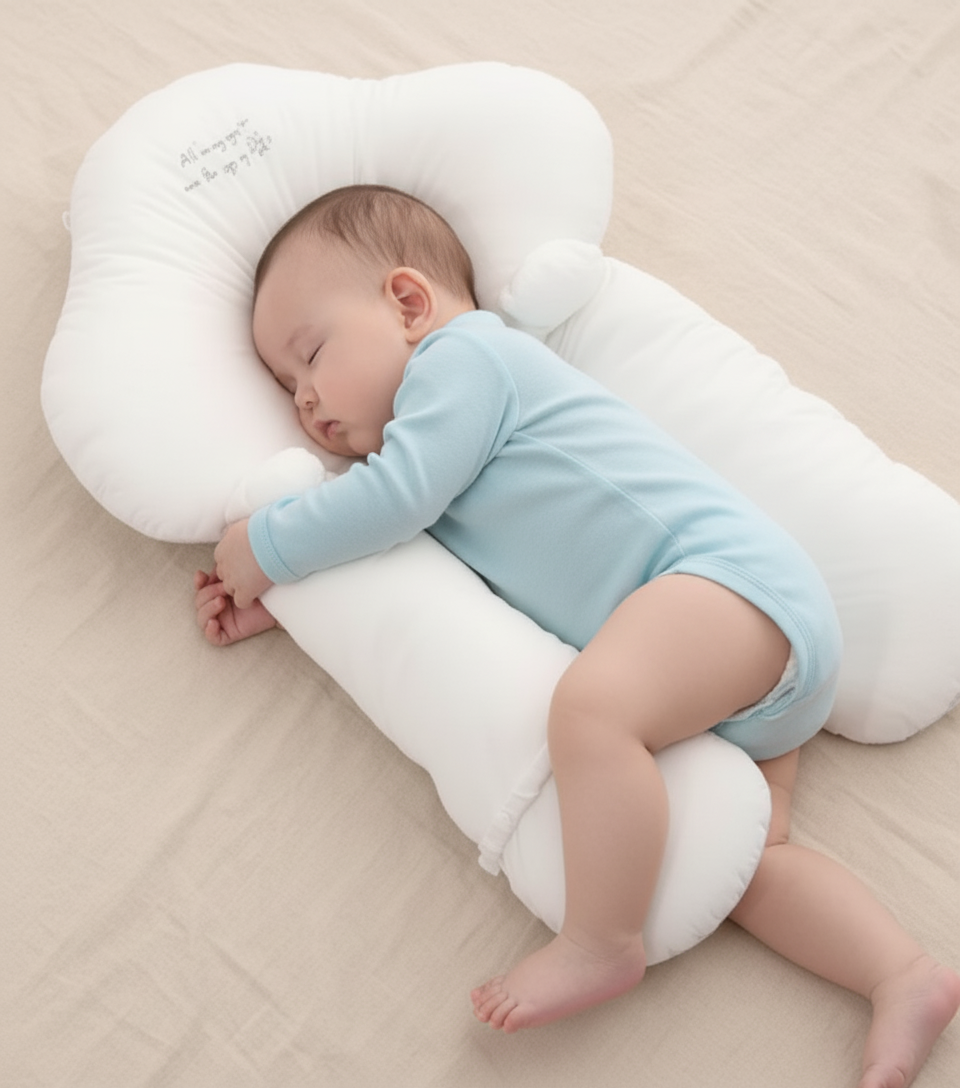 Baby sleeping on a white U-shaped pillow with a soft texture