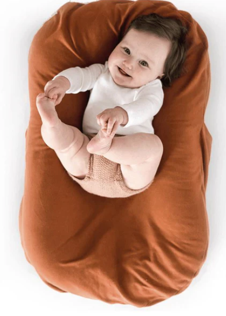 A newborn baby lying in a brown, cushioned baby nest.