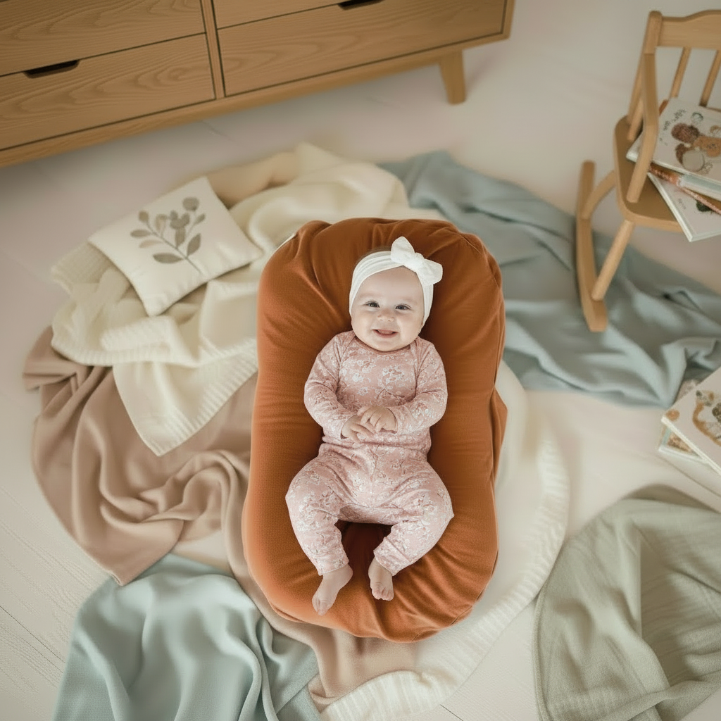 A baby wearing a white bodysuit lies on their back inside a rust-orange crescent-shaped baby lounger placed on a light wood floor. The scene is styled with soft blankets in beige, dusty pink, and sage green, alongside a wooden rocking chair and a wooden dresser in the background.