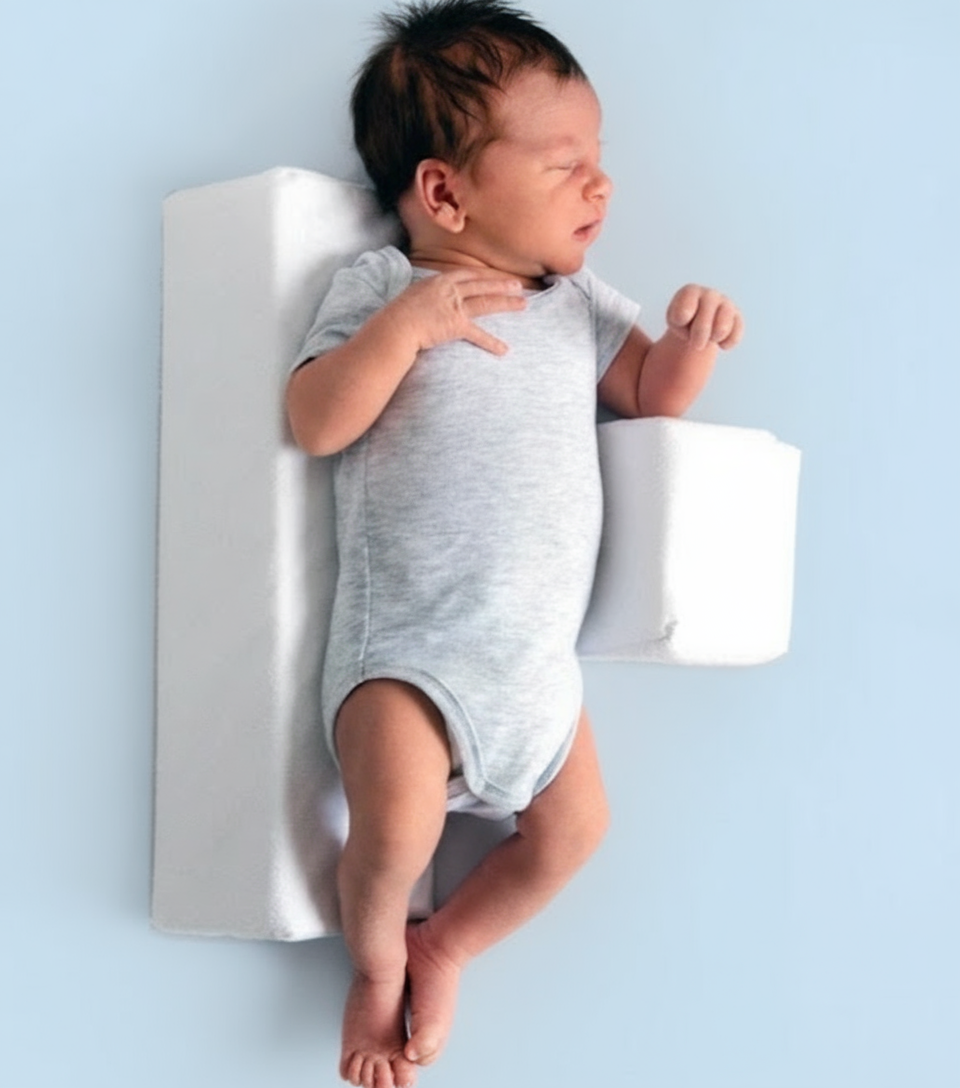 A newborn baby lying on a green Anti-Roll Side Sleeper Pillow Wedge with a removable cover.