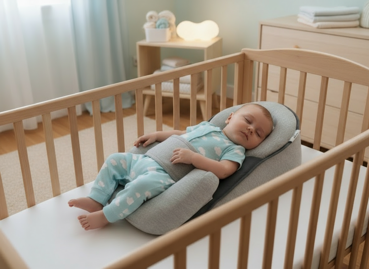 Child sleeping on a cushioned support in a cozy room with a chair and nightstand.
