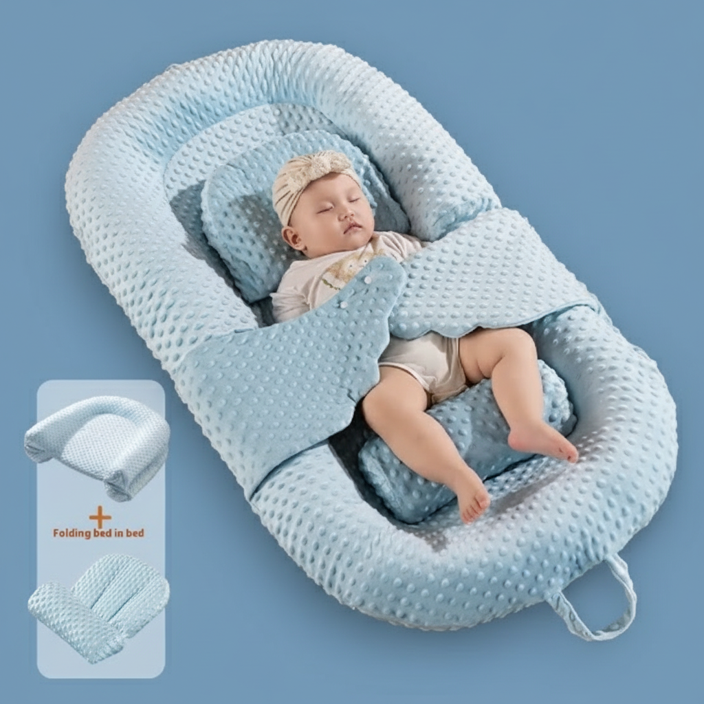 A newborn infant baby lounger bed in blue color, designed with anti-reflux and anti-colic features, including a folding bed in bed mode and an anti-spill milk out feature.