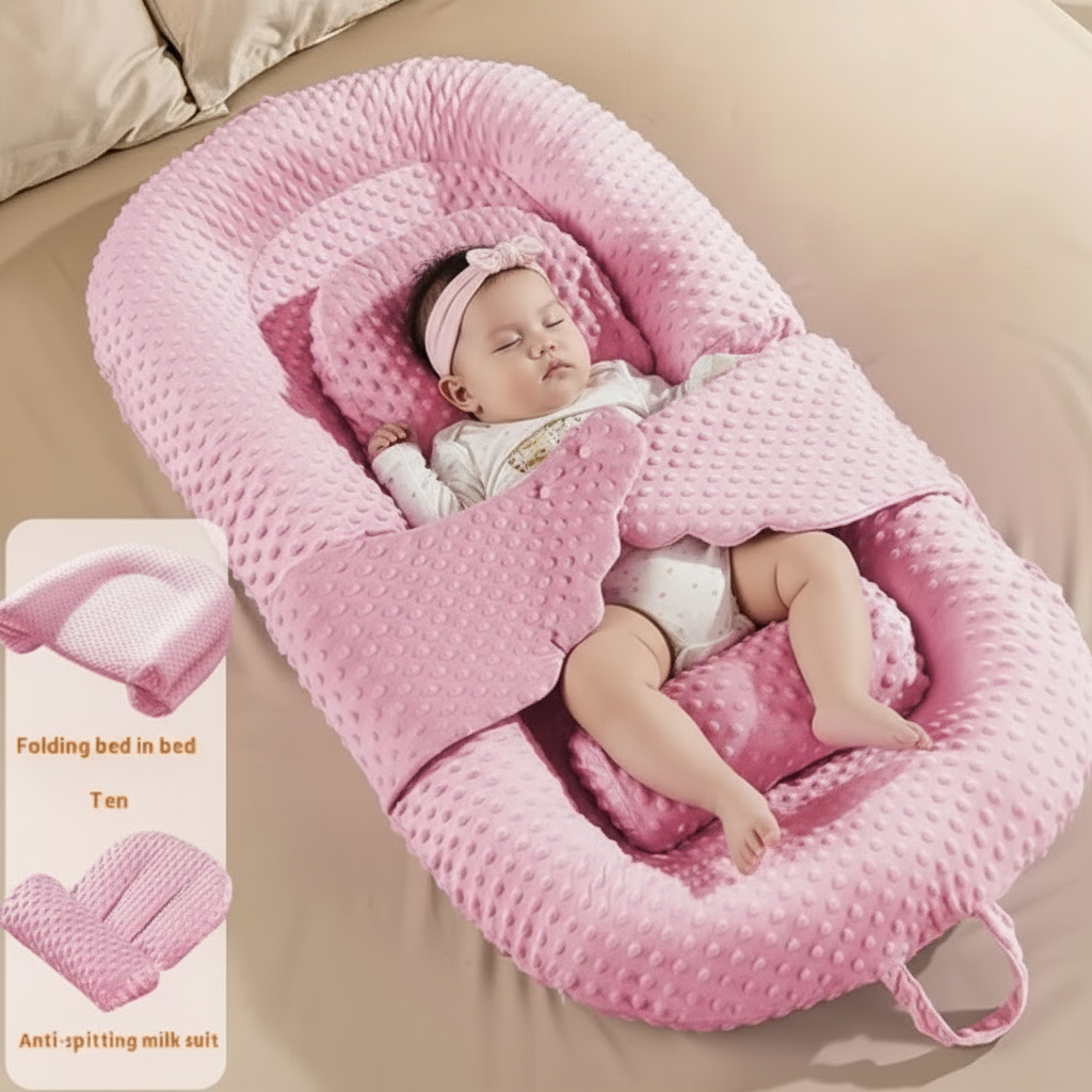 Baby in a pink sleeping nest on a beige surface