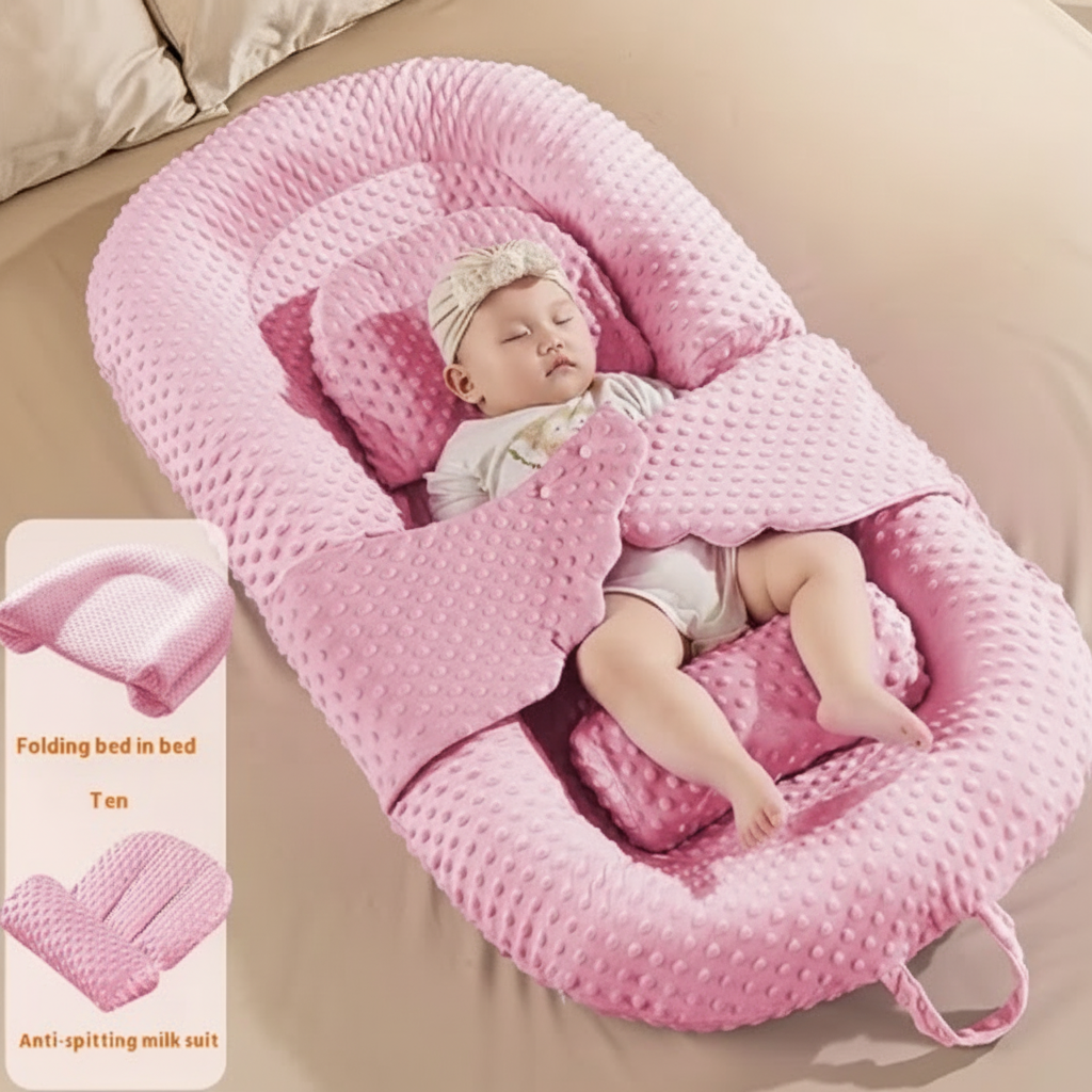 A newborn infant baby lounger bed in pink color, designed with anti-reflux and anti-colic features, including a folding bed in bed mode and an anti-spill milk out feature.