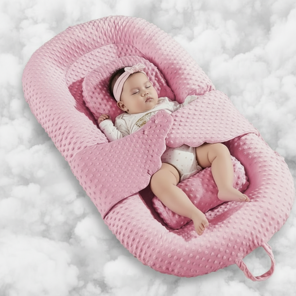 Baby sleeping in a pink baby nest on a soft white background