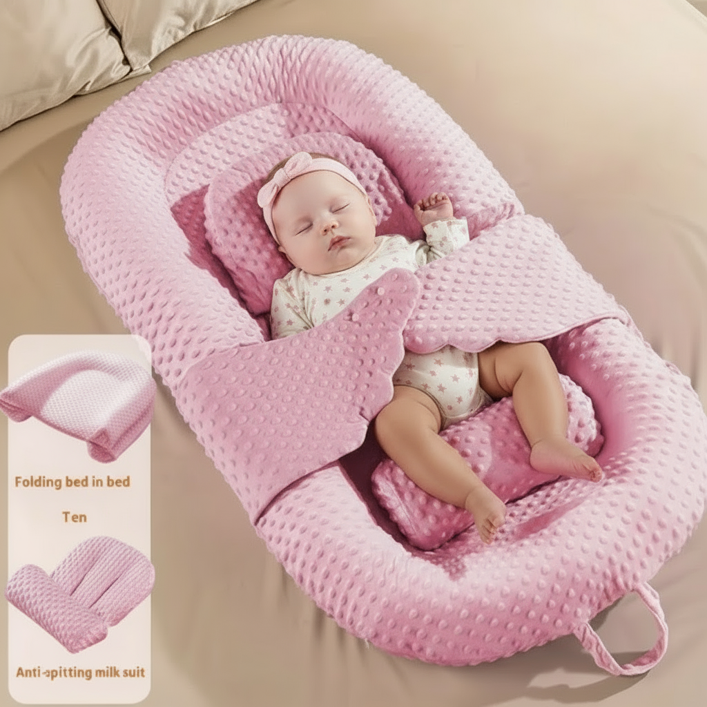 Baby sleeping in a pink baby nest on a bed