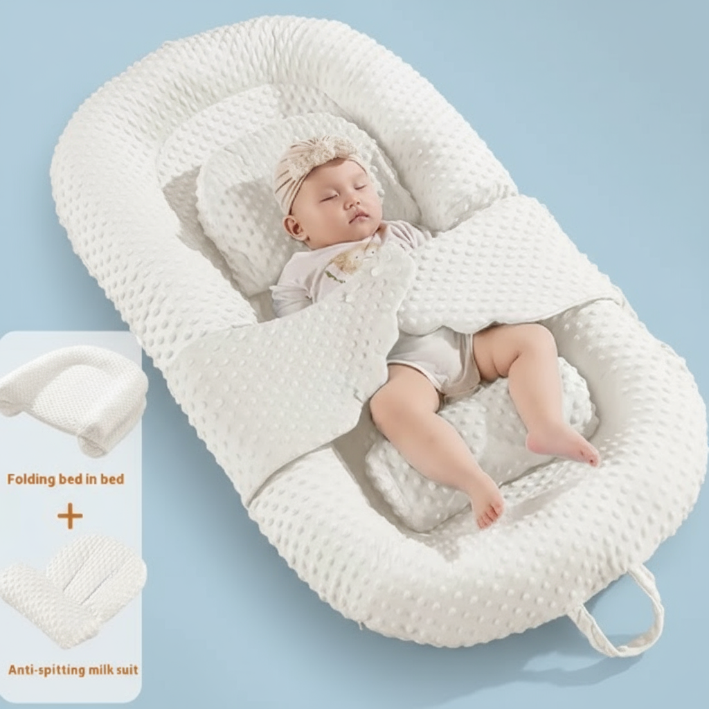 A newborn infant baby lounger bed in white color, designed with anti-reflux and anti-colic features, including a folding bed in bed mode and an anti-spill milk out feature.