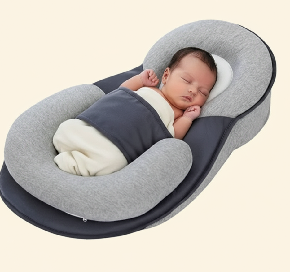 Newborn baby sleeping in a gray and navy swaddle on a matching pillow