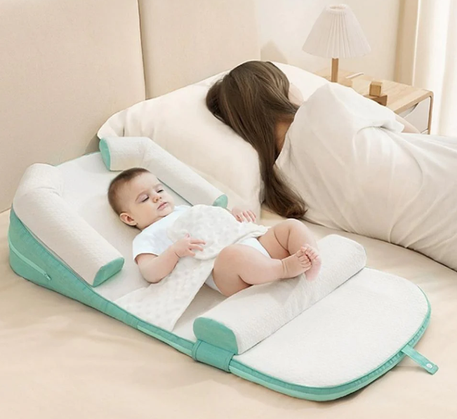 Baby lying on a white and green baby lounger with a woman sitting behind it.
