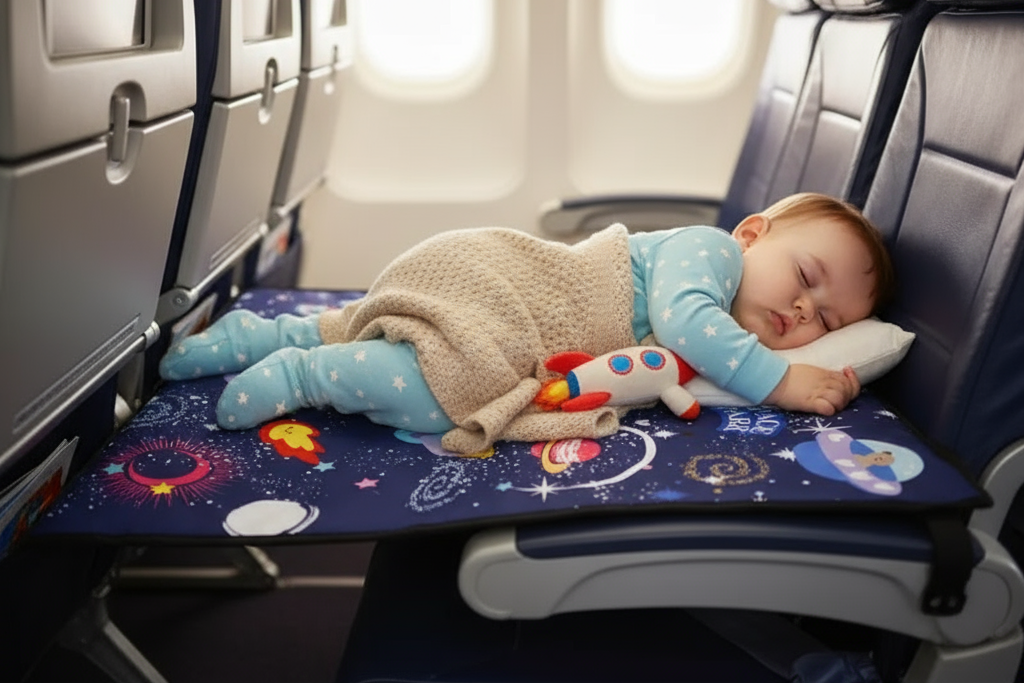 Child sleeping on a car seat with a travel mat and toys