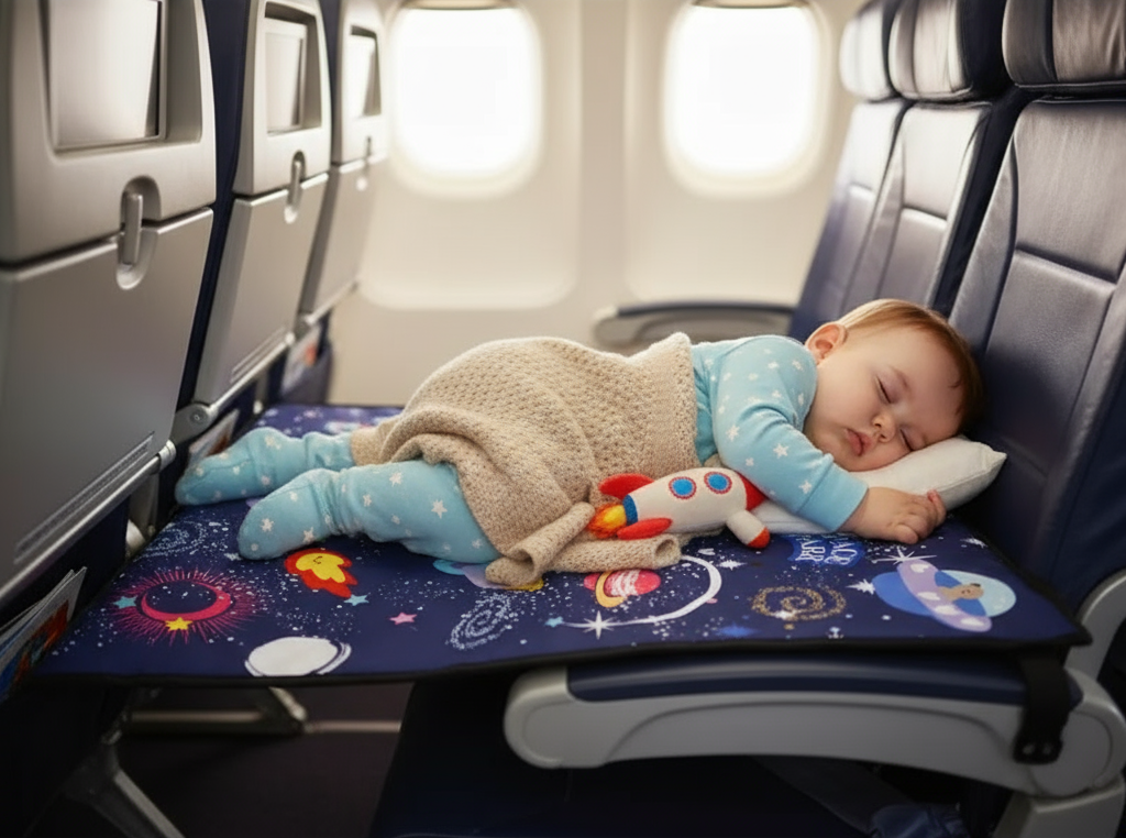 Space-themed mat with astronauts, planets, and rockets on a blue background, accompanied by a black drawstring bag.