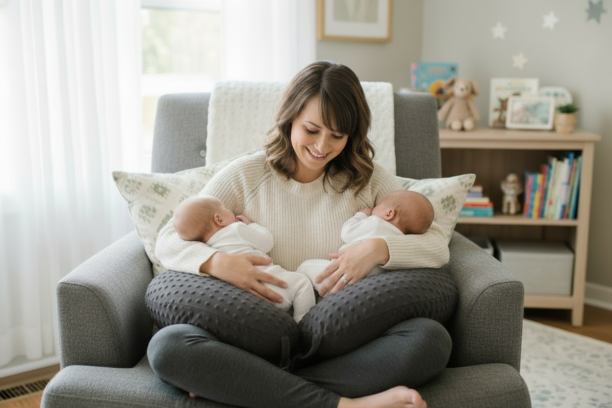 Woman breastfeeding a baby on a bed with a neutral headboard.