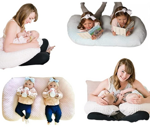 Multifunctional pillow used by a woman, child, and baby in various scenarios.