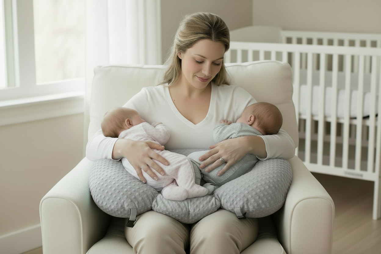 Woman holding two babies on a teal nursing pillow in a cozy room.