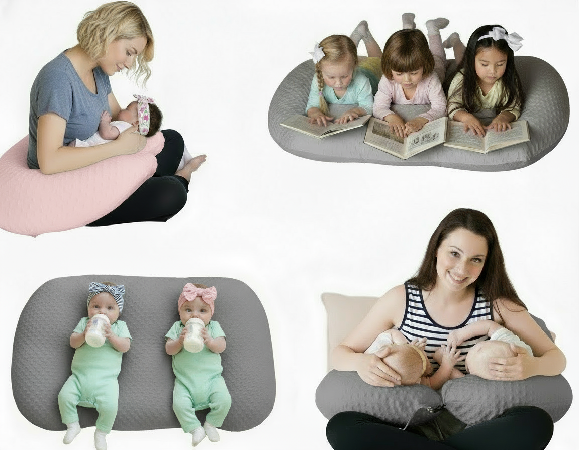 Collage of a woman using a U-shaped pregnancy pillow with a baby and two children.