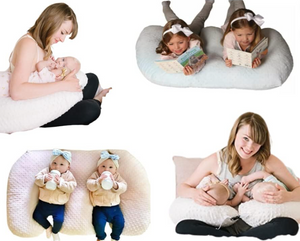 Collage of a woman using a U-shaped pregnancy pillow with a baby and two children.
