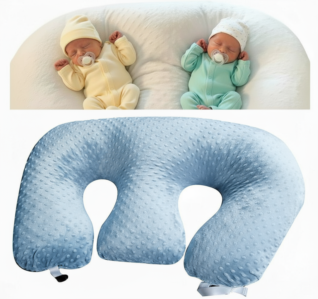 Baby U-shaped pillow with two babies on a white background