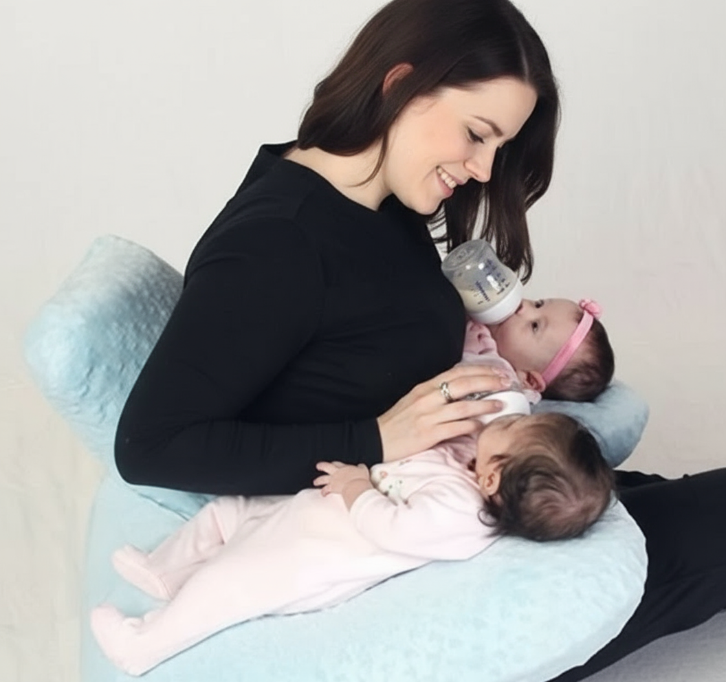 Woman breastfeeding a baby using a nursing pillow with a bottle nearby.