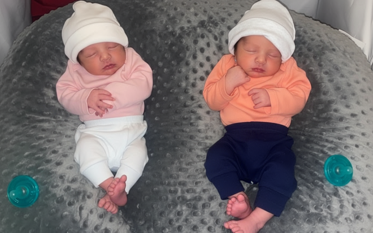 Two newborn babies lying on a textured surface with blue and white clothing.