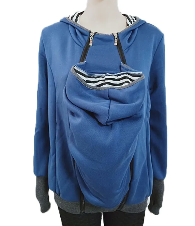 Blue hoodie with a built-in baby carrier on a mannequin against a white background