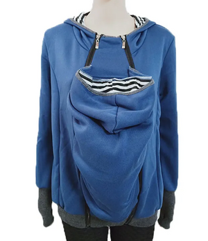 Blue hoodie with a built-in baby carrier on a mannequin against a white background