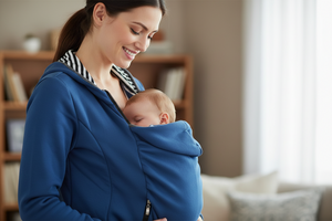 Woman holding a baby in a blue sling in a home setting
