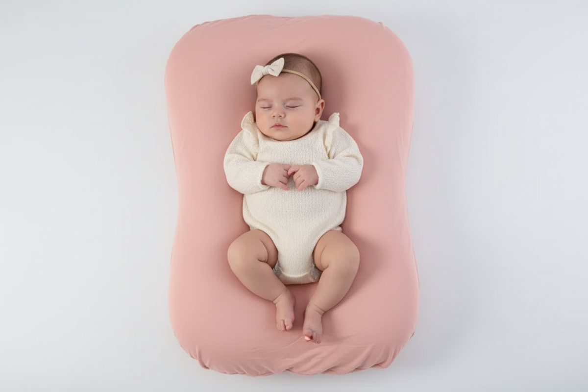 Baby lying on a pink cushion with a white background