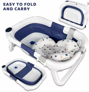 Foldable baby bathtub with star-patterned cushion on a white background