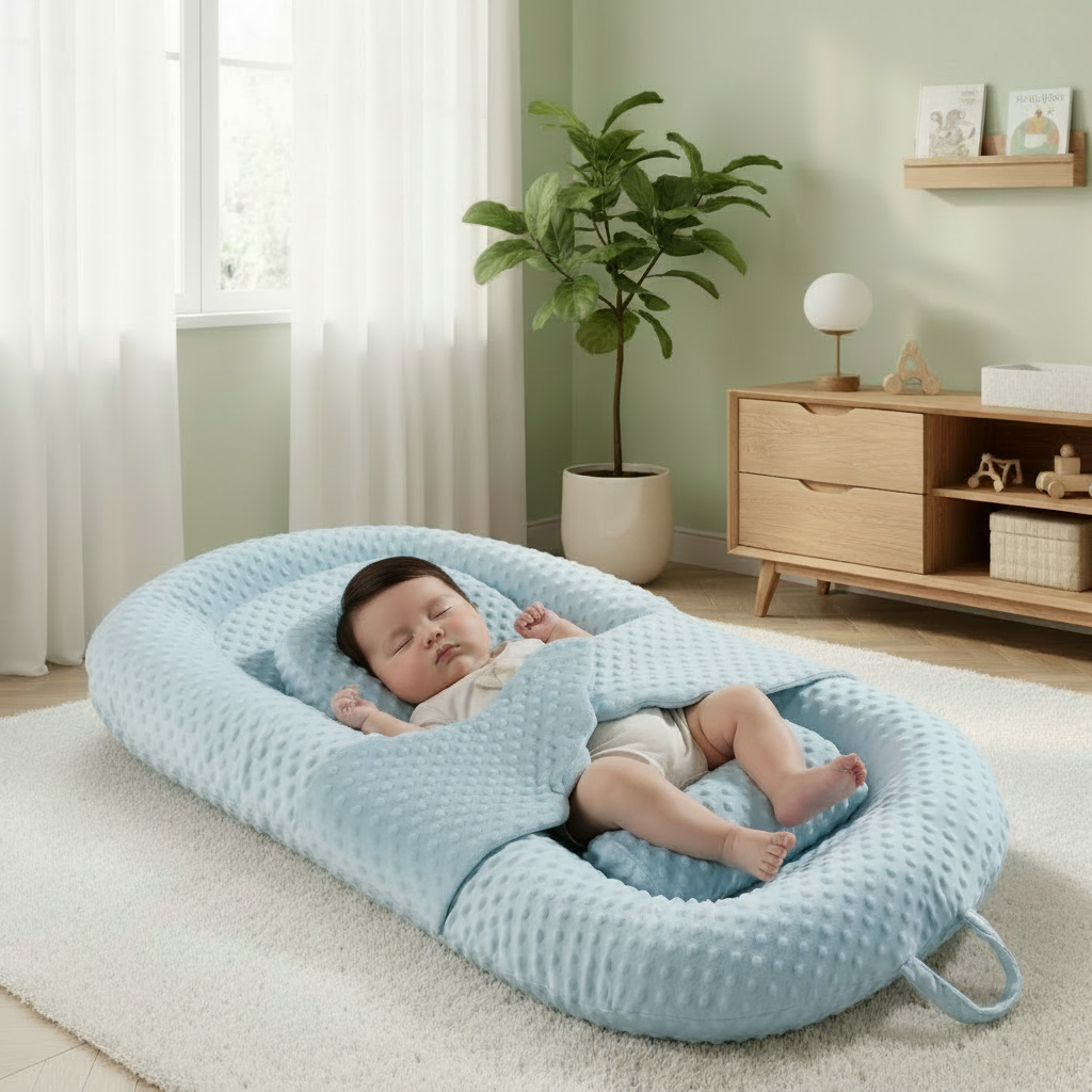 Baby lying in a blue waffle-textured baby nest in a nursery setting.