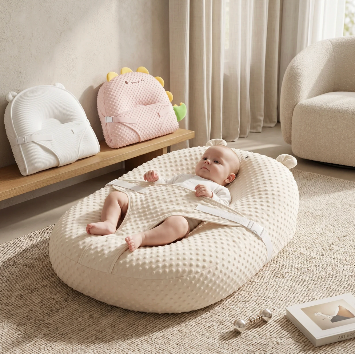 Baby lying on a textured cushion in a room with baby products on a shelf.