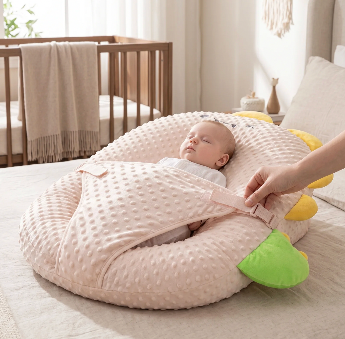 Baby sleeping in a pink cushioned nest with a green toy, in a softly lit room.