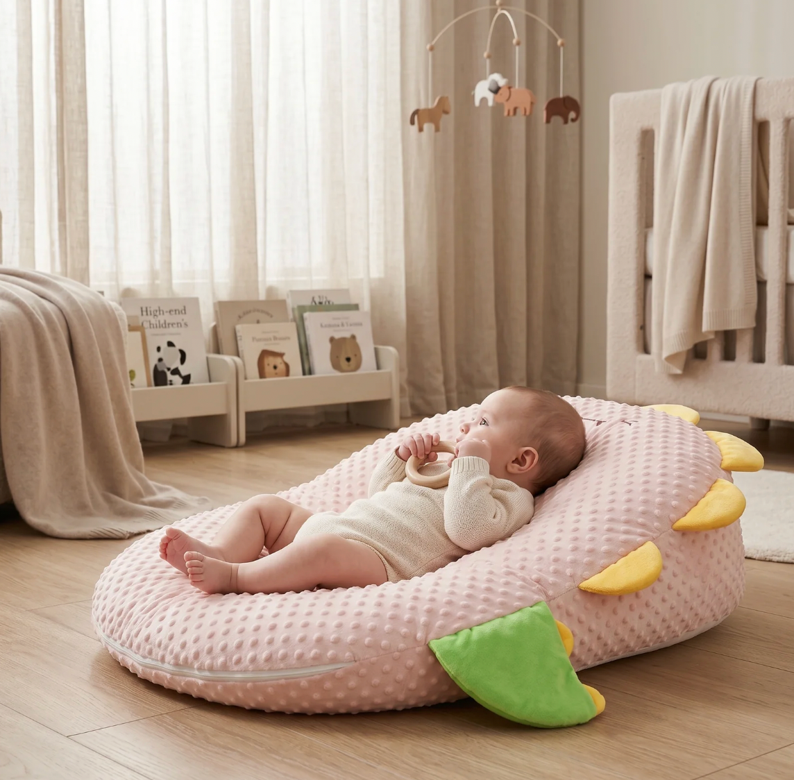 Baby lying on a pink cushion in a nursery with a crib and mobile in the background.